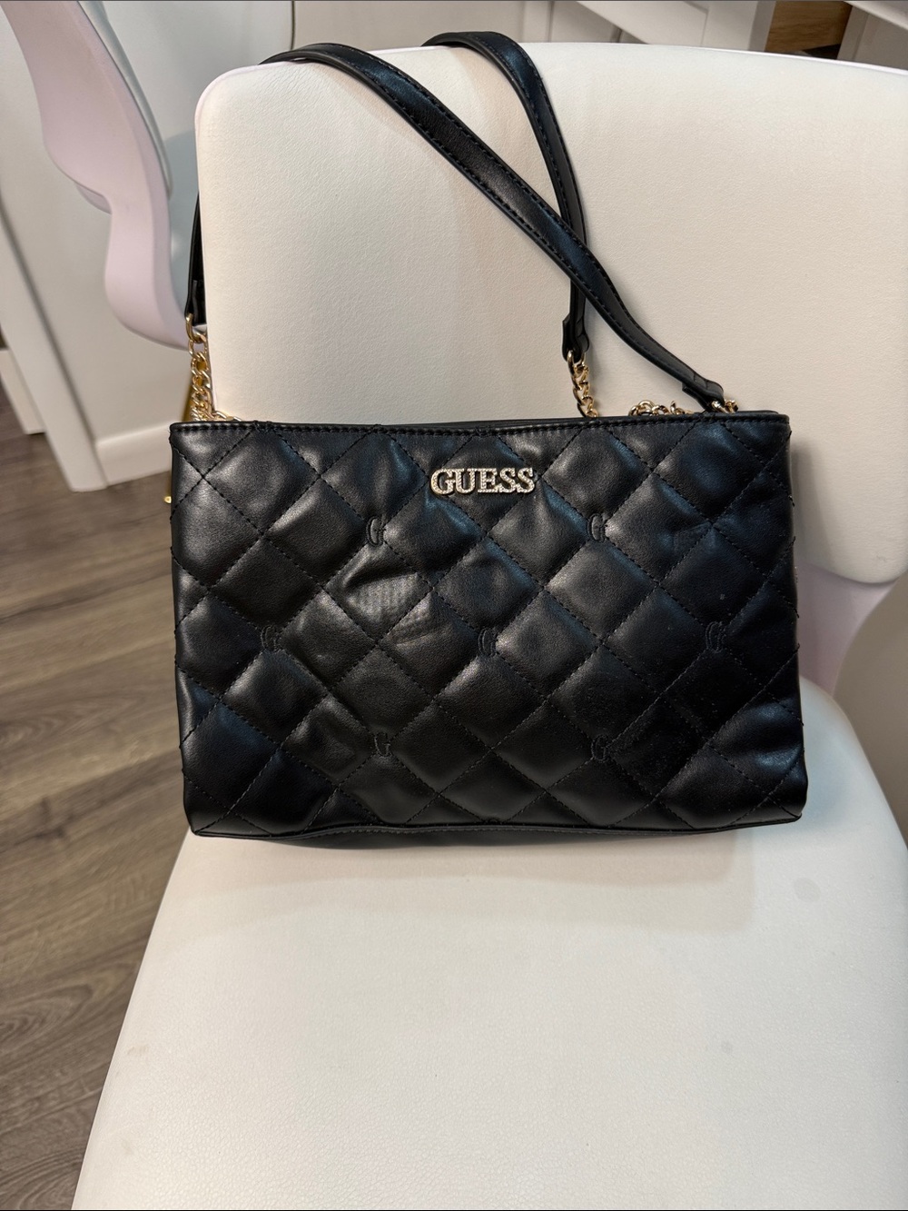 GUESS Black Quilted Shoulder Bag with Gold Hardware